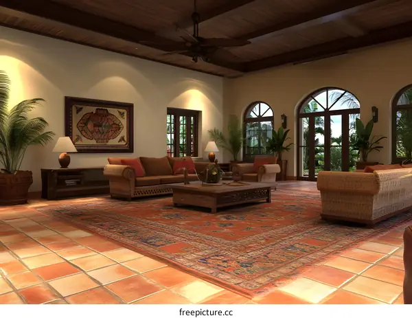 Tropical Living Room Interior Design with Wicker Furniture and Ceiling Fan