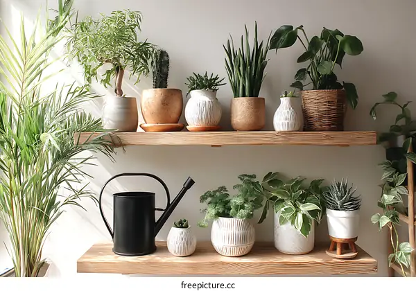 Wooden Shelves with Various Houseplants