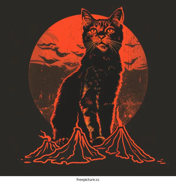 Black cat sitting on a volcano with a red moon in the background