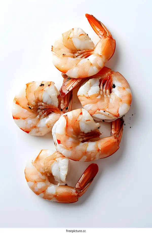 several cooked shrimps on a white background