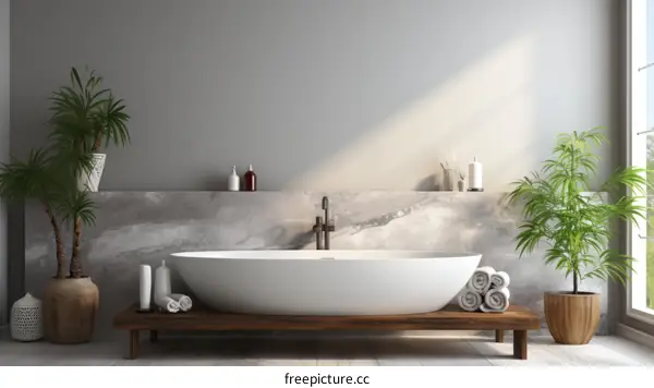 Luxury bathroom interior with freestanding bathtub, plants and sunlight
