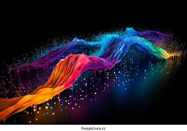 Colorful 3D rendering of a mountainous landscape with glowing particles