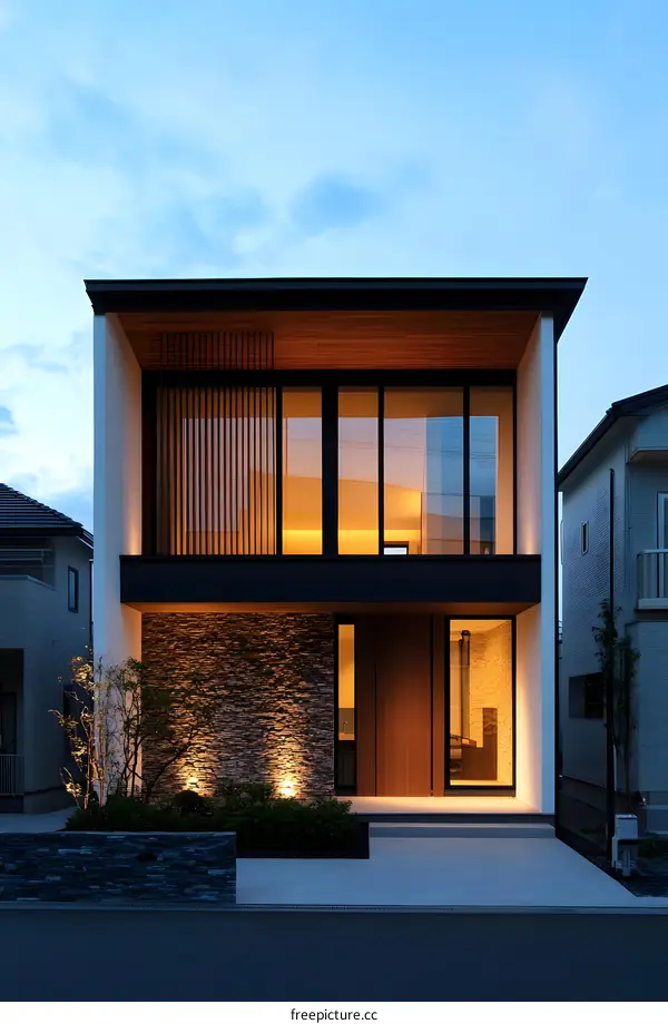 Modern Minimalist House with Stone Facade and Large Windows
