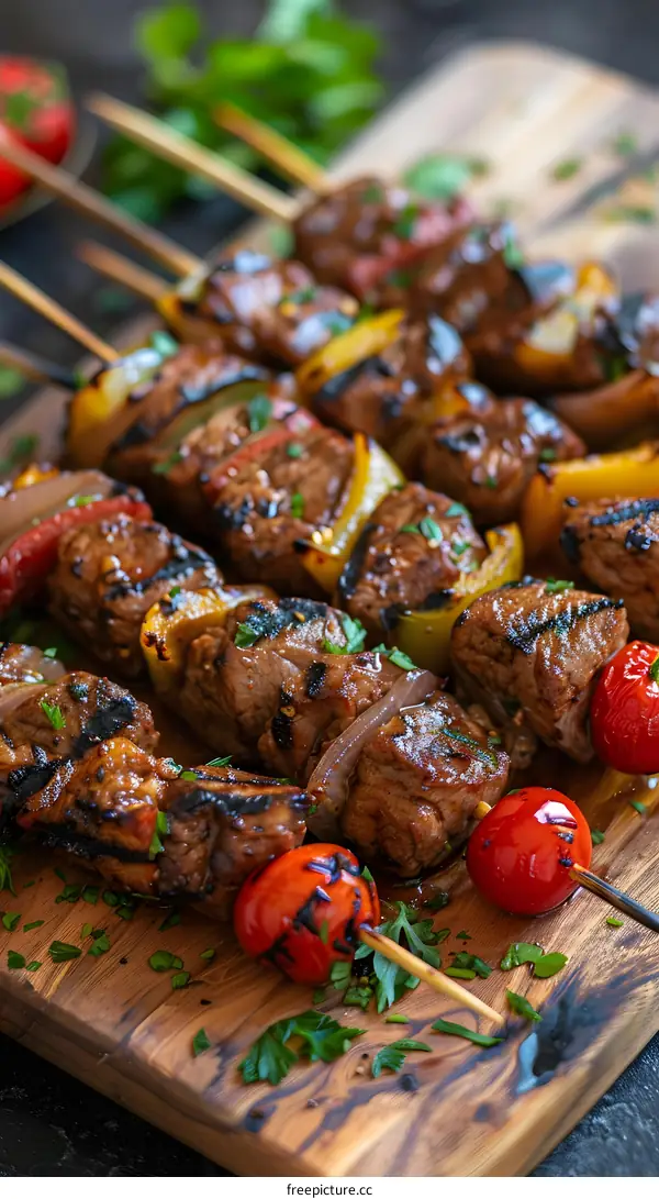 Beef and vegetable skewers on wooden skewers