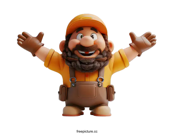 [Transparent Background PNG]Cartoon illustration of a happy bearded worker with his arms outstretched