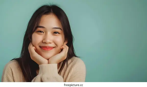 Portrait of Smiling Asian Woman with Hands on Chin