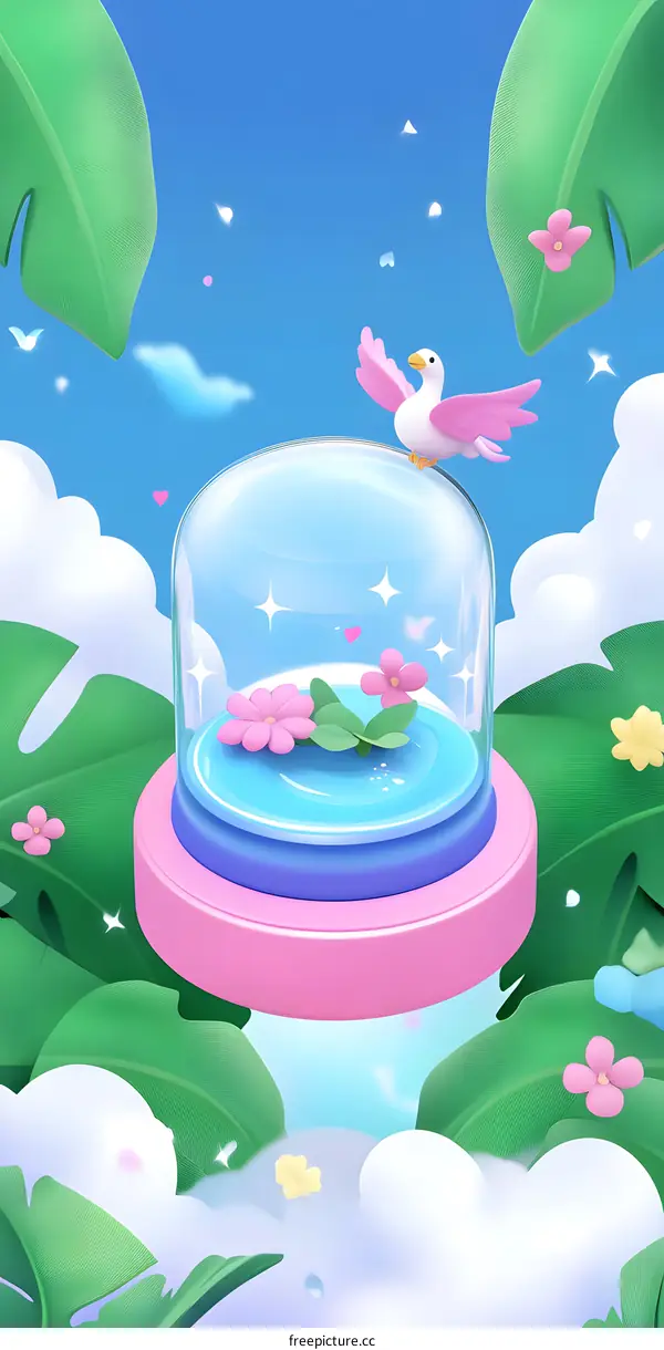 3D Cartoon Illustration of a Bird on a Glass Dome with Flowers