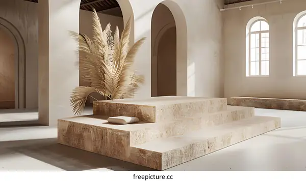 Minimalist Interior Design with Stone Steps and Dried Palm Leaves