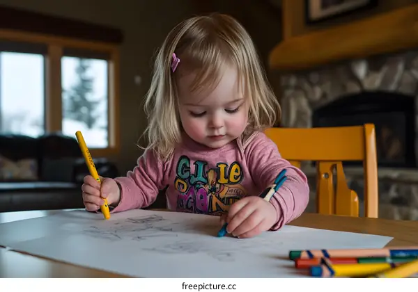 Little Girl Drawing with Crayons at Table