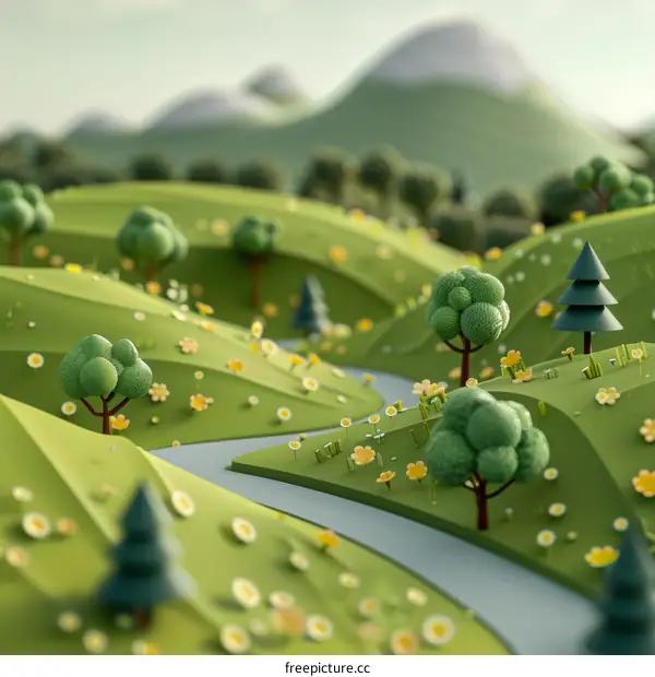 Cartoon View of a Tranquil Green Valley