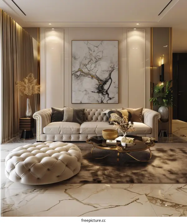 Luxury living room interior design with beige sofa and gold accents