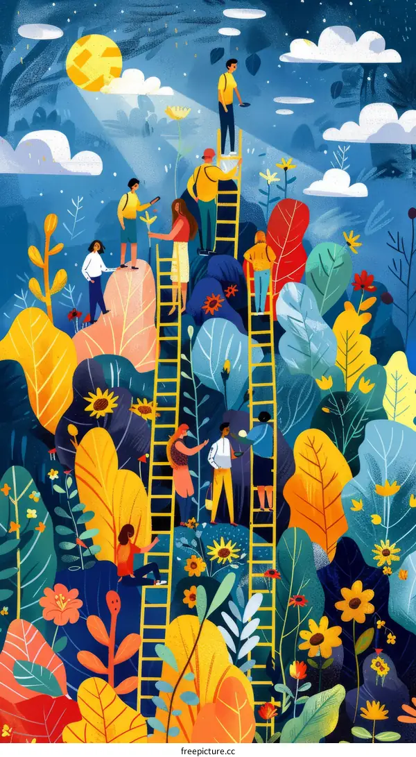 People climbing ladders to reach the top of a mountain