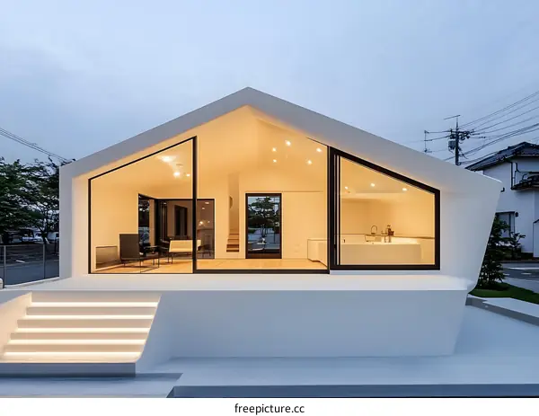 Modern White House with Large Windows and Geometric Design