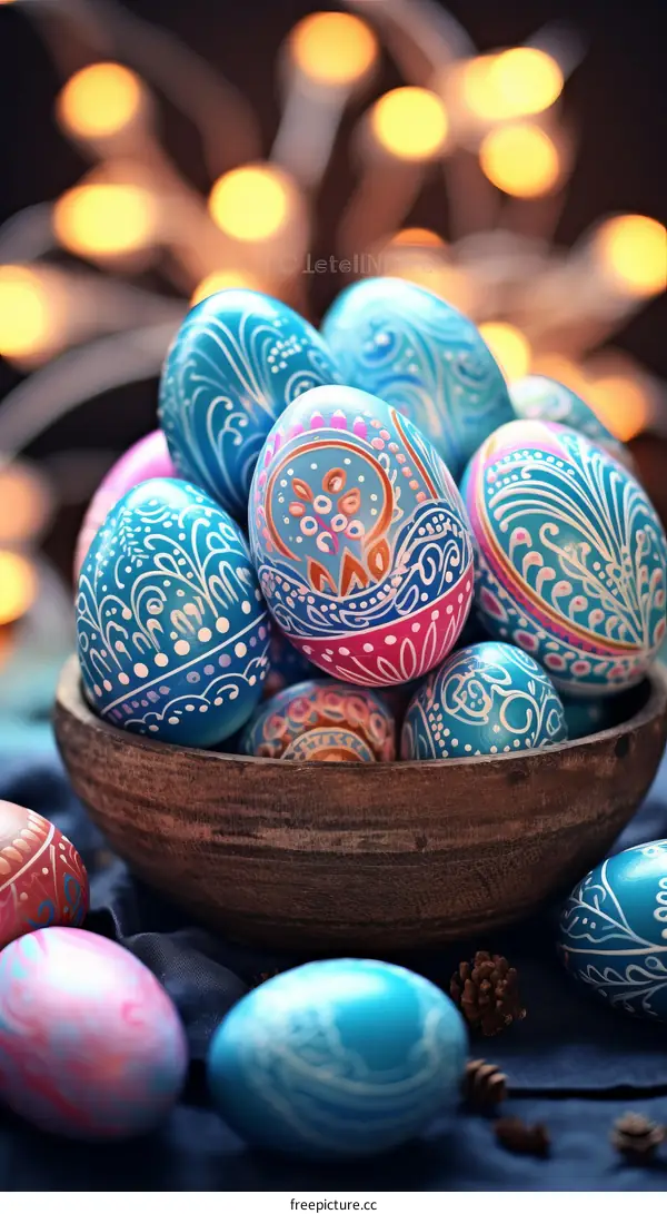 Colorful Easter Eggs in a Wooden Bowl