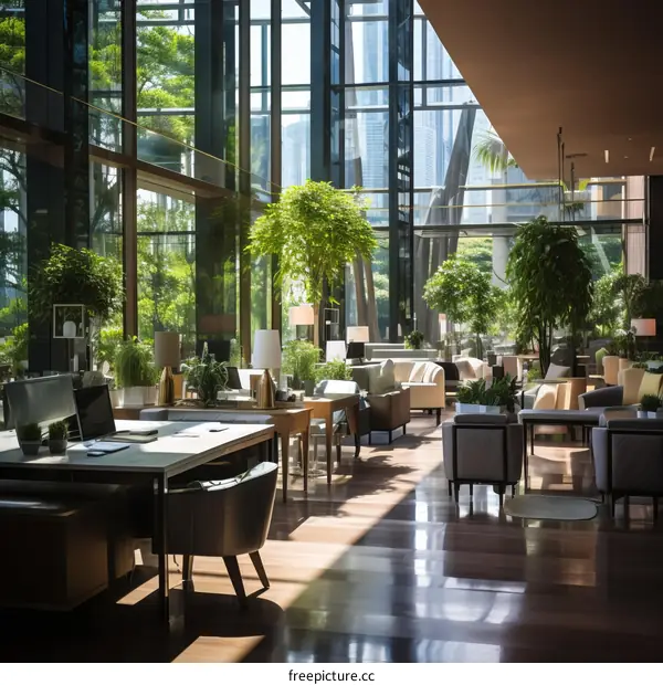 The lush green interior of a modern office space with floor-to-ceiling windows