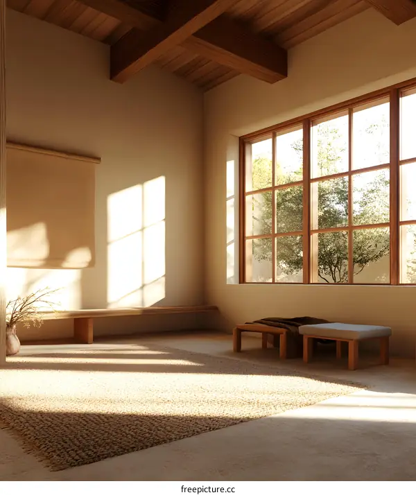 Minimalist Interior Design With Wooden Beams And Natural Light