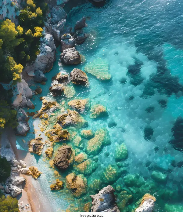 Aerial View of Clear Blue Water and Rocky Shore
