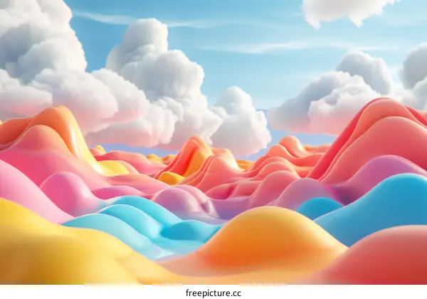 Colorful 3D Landscape with Rolling Hills and Clouds