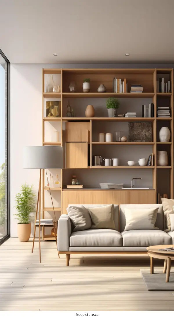 A cozy living room with a large bookshelf and a sofa