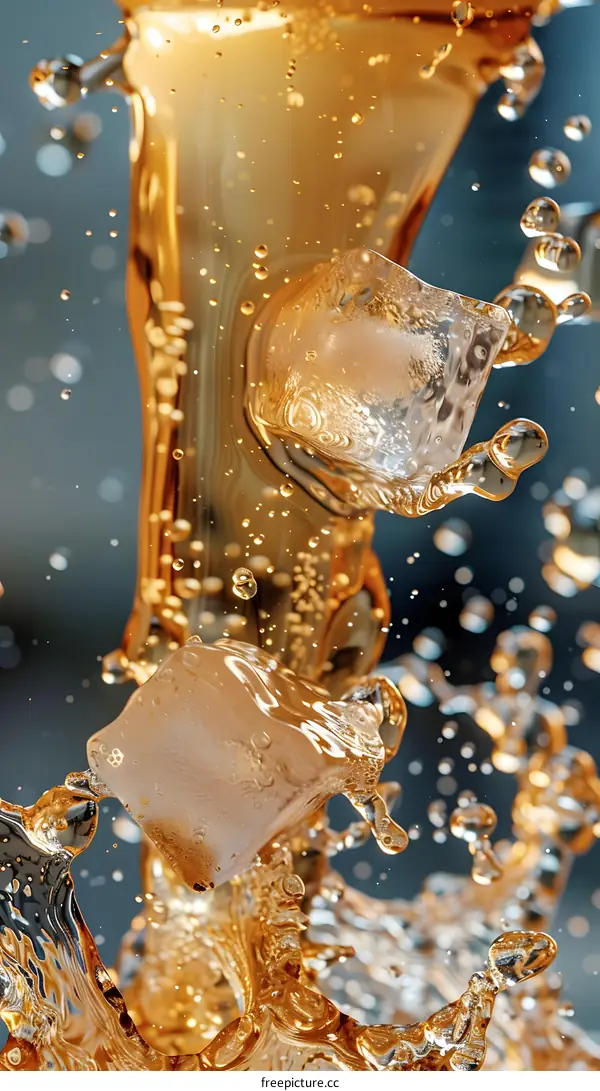 Closeup of Ice Cubes Dropping in Liquid Splash