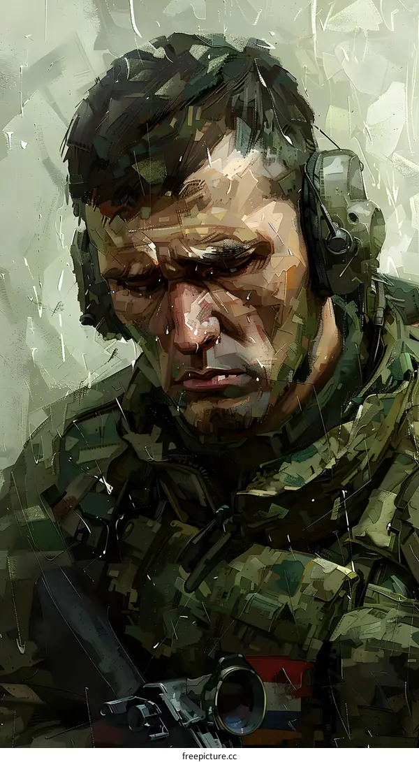Portrait of a soldier wearing headphones and a camouflage uniform
