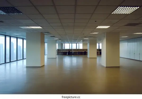 Empty Modern Office Space with Large Windows and City View