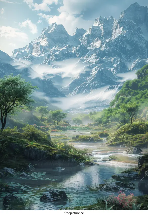 Misty Mountain Valley with River