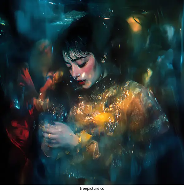 Woman in a Golden Dress Underwater with Blurry Background