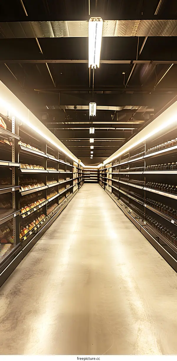 Empty Supermarket Aisle with Shelves of Products