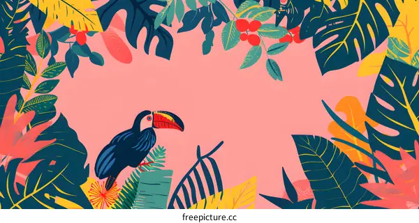 Tropical Toucan Bird with Green Leaves on Pink Background
