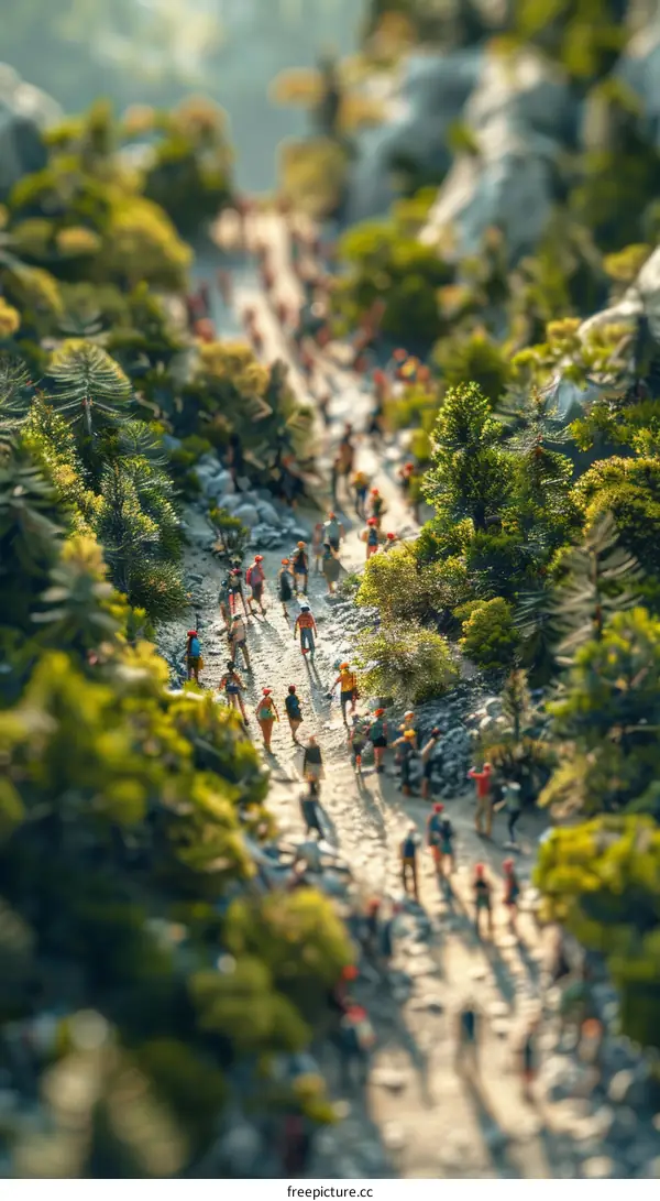 Miniature People Crowd Walking Through Lush Forest