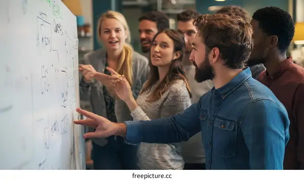 Group of Diverse Business People Brainstorming Ideas on Whiteboard