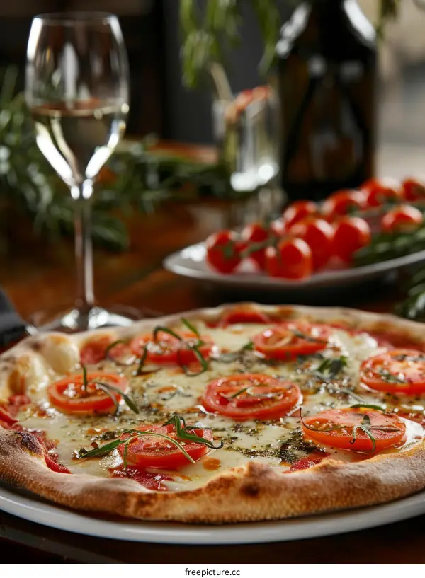 A delicious pizza with tomatoes, basil, and mozzarella cheese