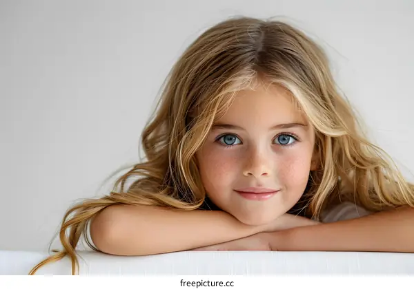 Portrait of a cute little girl with freckles and blue eyes