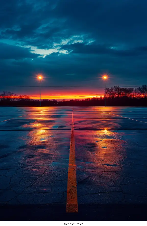 Empty parking lot at dusk with dramatic sky and colorful puddles