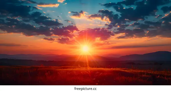 Sunrise Over the Mountains in the Field