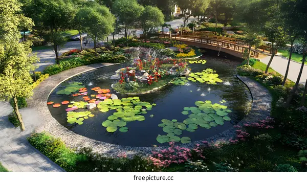 Scenic Landscape with Water Lilies and a Wooden Bridge