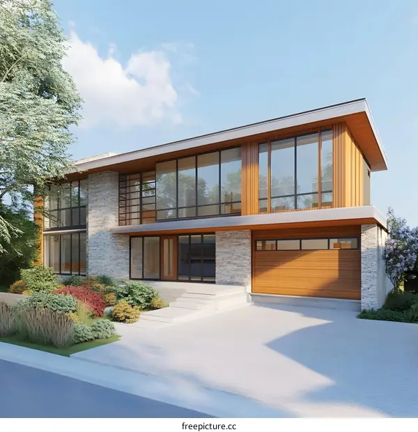 Modern House with Stone Facade and Garage Doors