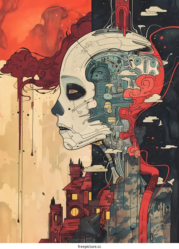Abstract Illustration Of Mechanical Woman With Cityscape In Her Head
