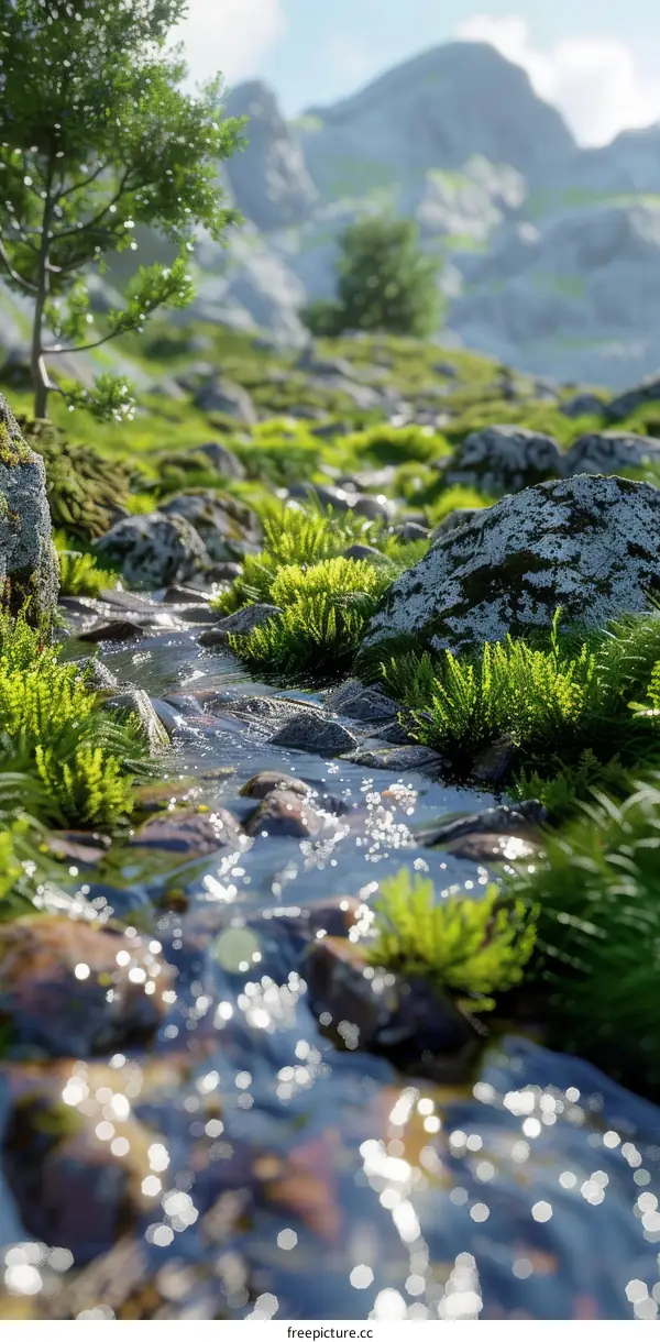 Small River Meandering through a Rocky Landscape Covered in Green Moss and Grass
