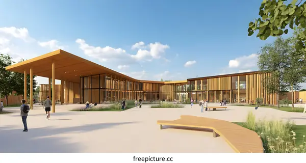 Modern Wooden School Building with Students and a Bench