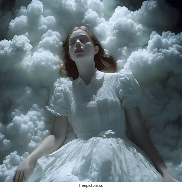 Young Woman Sleeping on Clouds in White Dress