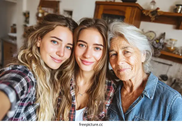 Three Generations of Women Smiling Together in a Kitchen
