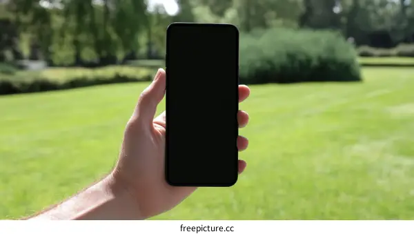 Hand holding a Smartphone in a Park