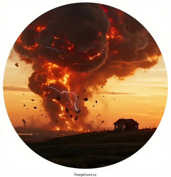 Volcanic Eruption with Lightning and Ash Cloud Over Small House