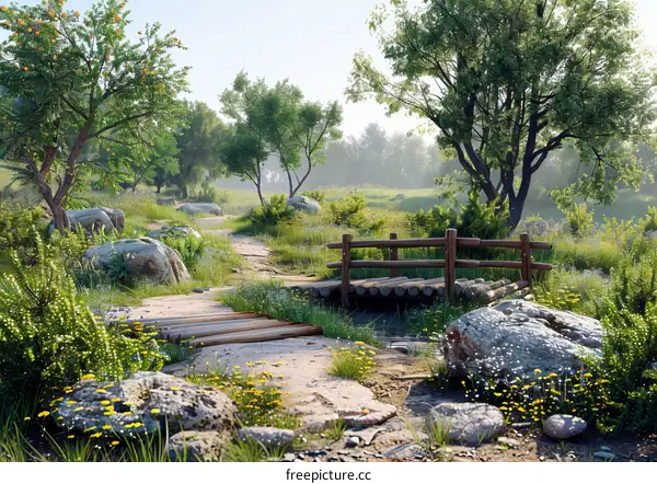 Tranquil Forest Path with Wooden Bridge