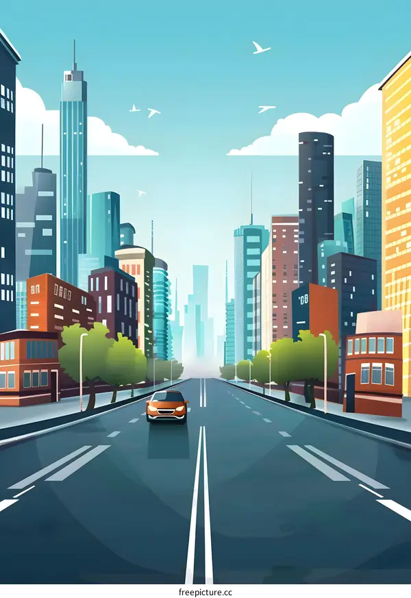 Cityscape Illustration With Car On Empty Road