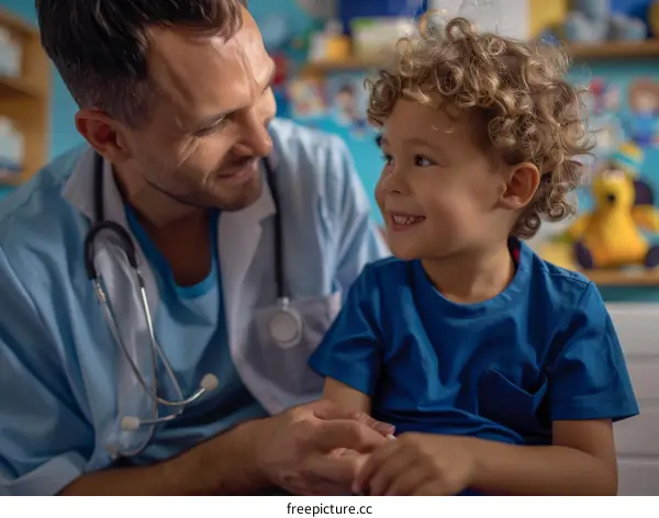 Pediatrician talking to a young boy