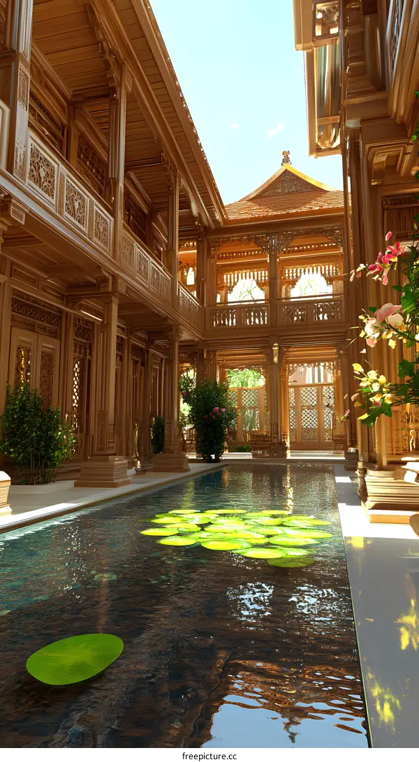 Wooden Courtyard With Pool and Flowers
