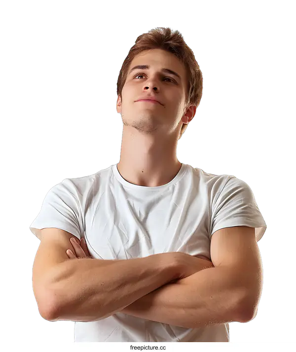 [Transparent Background PNG]Portrait of Young Man with Arms Crossed Looking Up
